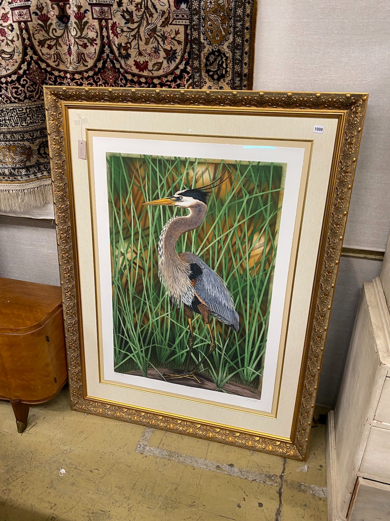 A Costin graphics coloured print of a heron, signed and numbered, width 113cm, height 148cm, including frame